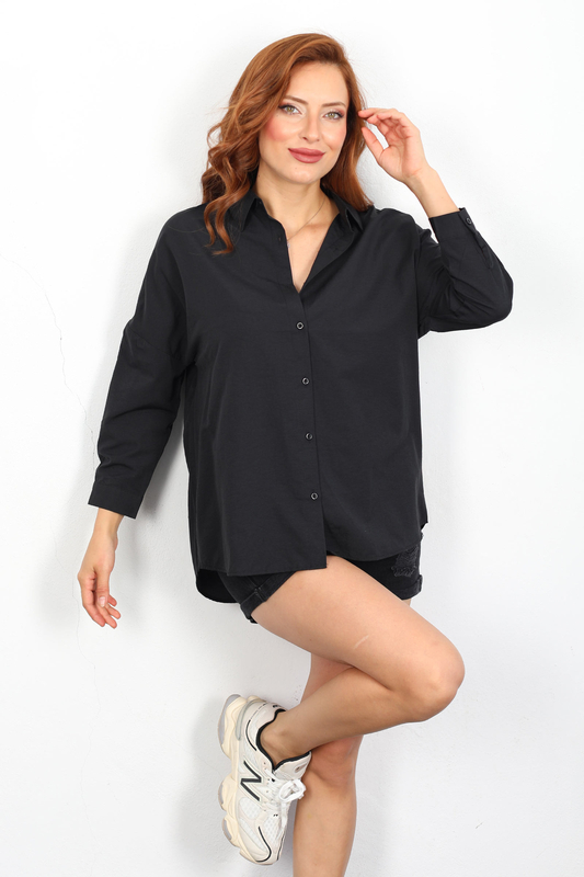 Eteği Oval Siyah Kadın Oversize Gömlek - 2