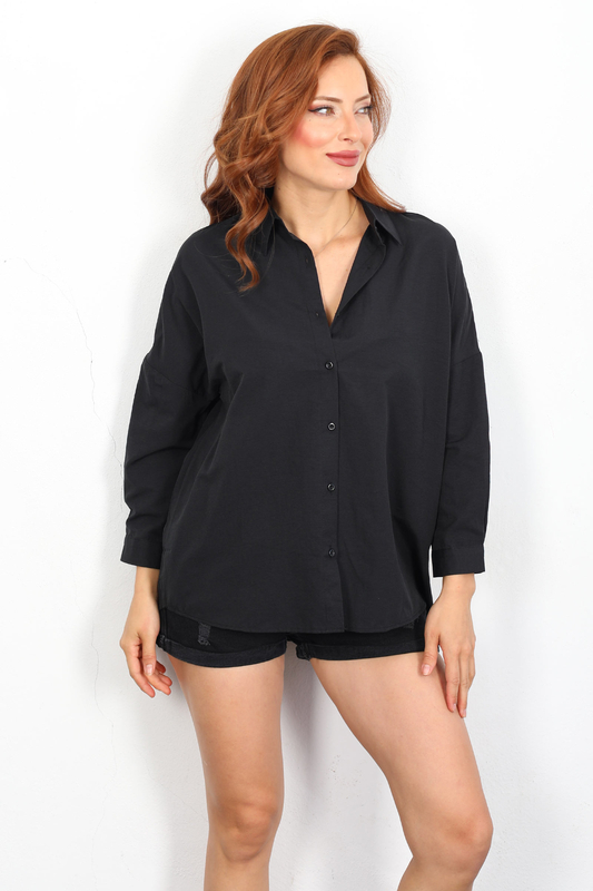 Eteği Oval Siyah Kadın Oversize Gömlek - 1