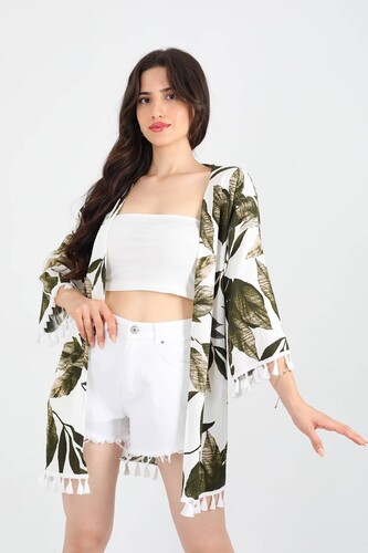 Eteği Püsküllü Yaprak Desenli Haki Kadın Krep Kimono - Berox