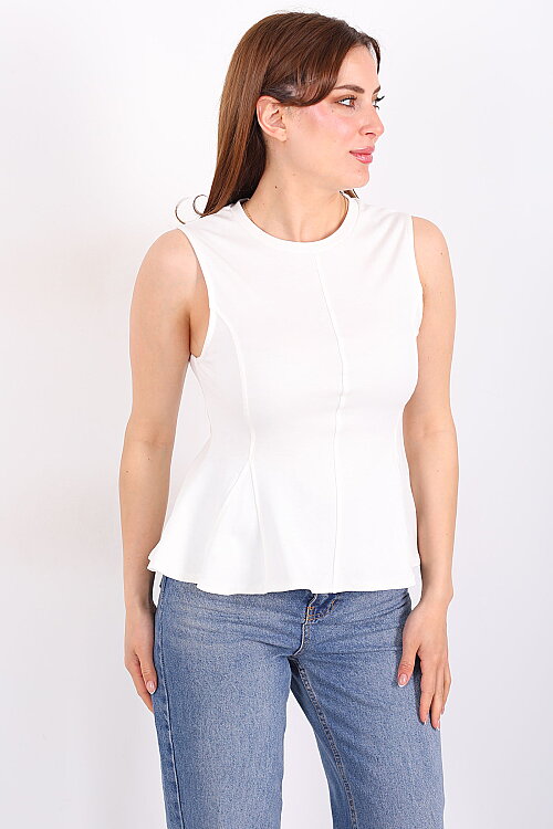 Eteği Volanlı Bisiklet Yaka Beyaz Kadın Kolsuz Bluz - Berox