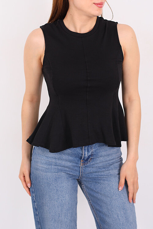 Eteği Volanlı Bisiklet Yaka Siyah Kadın Kolsuz Bluz - Berox (1)