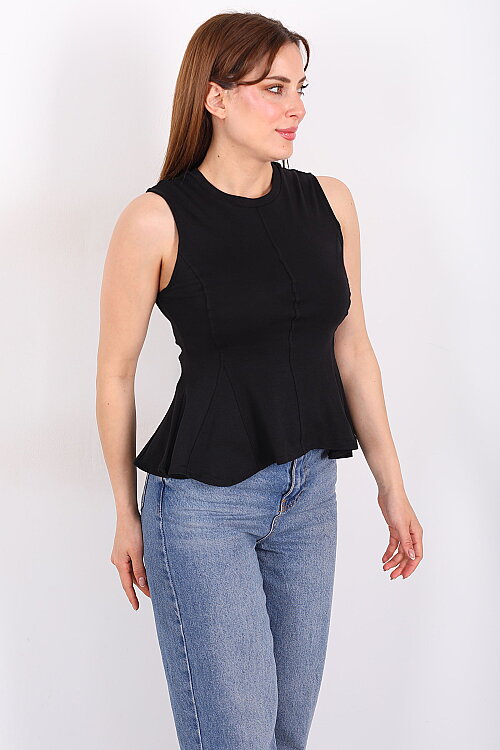 Eteği Volanlı Bisiklet Yaka Siyah Kadın Kolsuz Bluz - 5