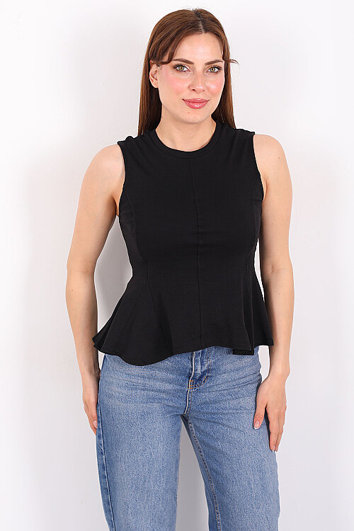 Eteği Volanlı Bisiklet Yaka Siyah Kadın Kolsuz Bluz - Berox