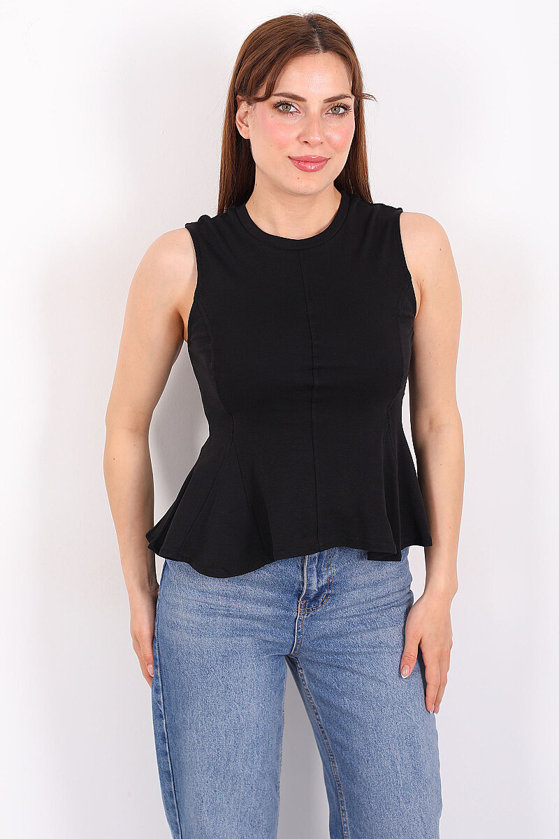 Eteği Volanlı Bisiklet Yaka Siyah Kadın Kolsuz Bluz - 1