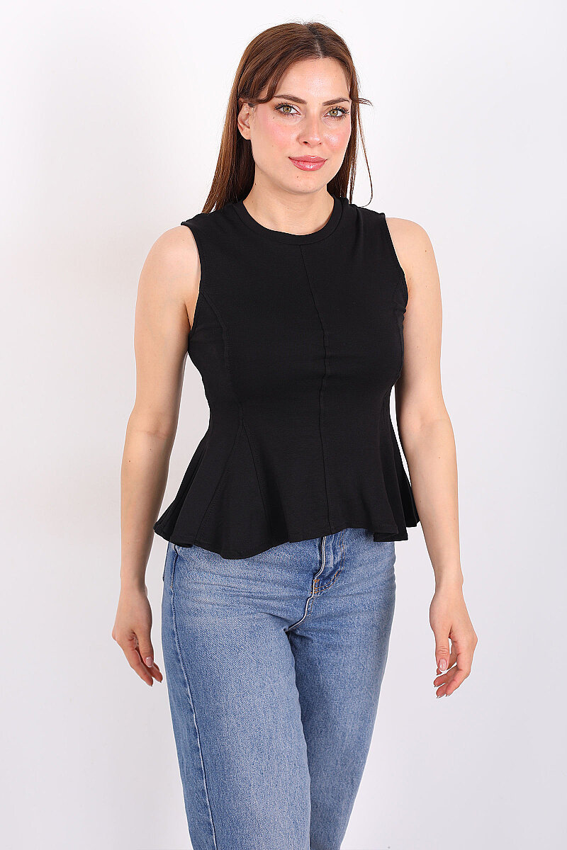 Eteği Volanlı Bisiklet Yaka Siyah Kadın Kolsuz Bluz - 3