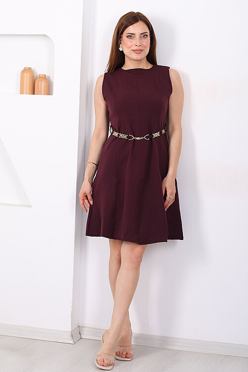 Eteği Volanlı Kemerli Kadın Mürdüm Kolsuz Mini Elbise - 6