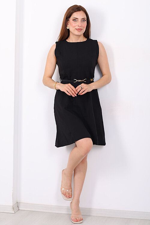 Eteği Volanlı Kemerli Kadın Siyah Kolsuz Mini Elbise - 6