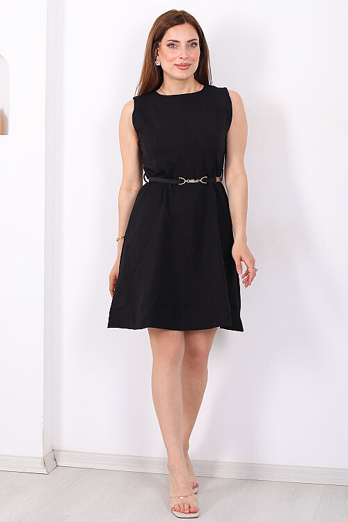 Eteği Volanlı Kemerli Kadın Siyah Kolsuz Mini Elbise - 3