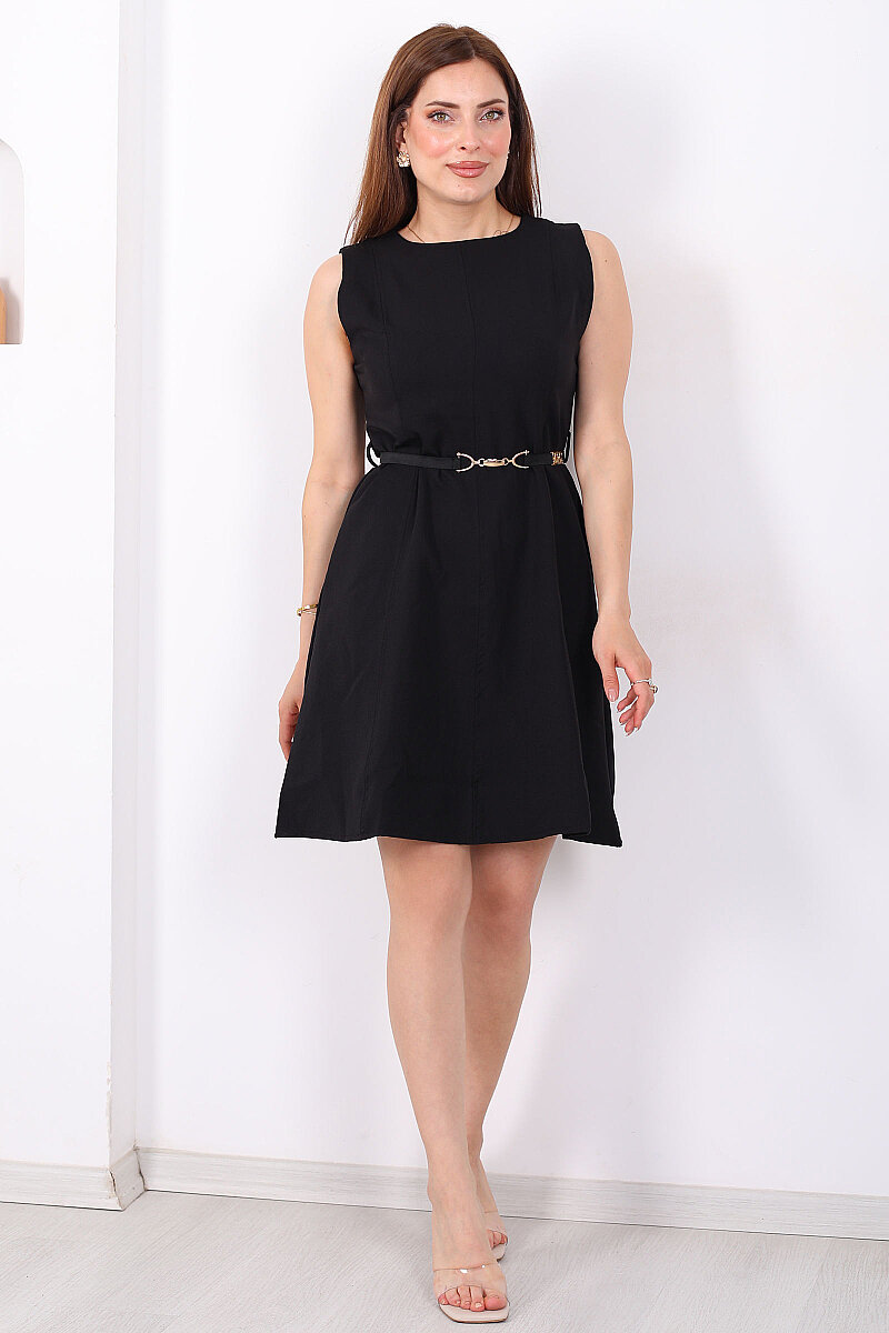 Eteği Volanlı Kemerli Kadın Siyah Kolsuz Mini Elbise - 3