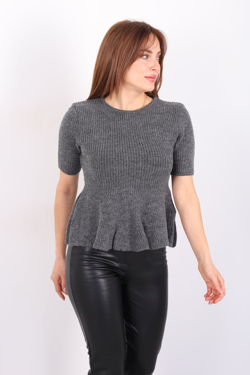 Eteği Volanlı Kısa Kol Kadın Antrasit Triko Kazak - 6
