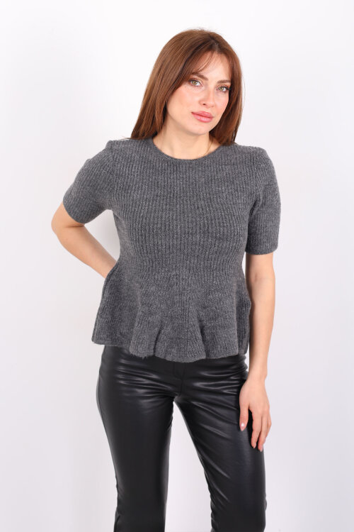 Eteği Volanlı Kısa Kol Kadın Antrasit Triko Kazak - 4