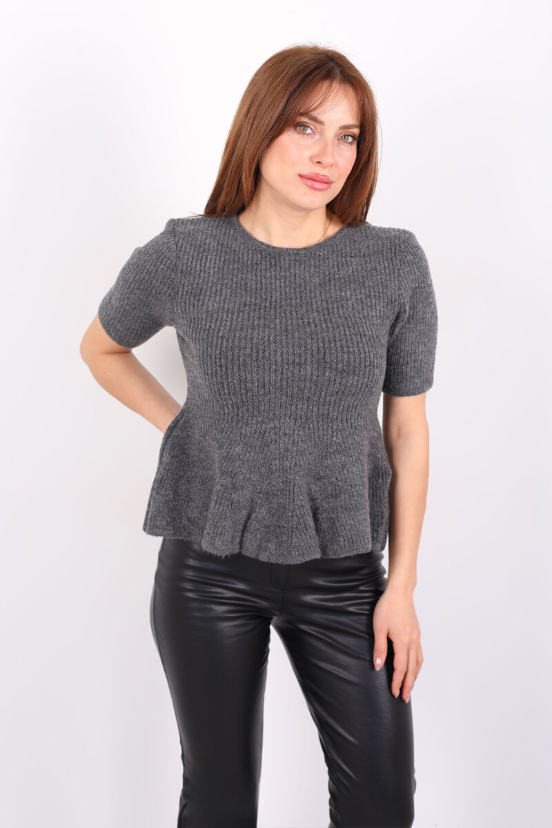 Eteği Volanlı Kısa Kol Kadın Antrasit Triko Kazak - 4
