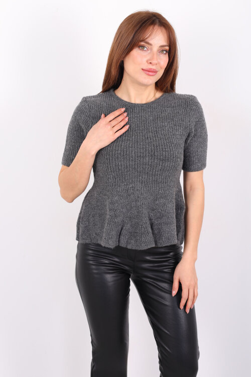 Eteği Volanlı Kısa Kol Kadın Antrasit Triko Kazak - Berox