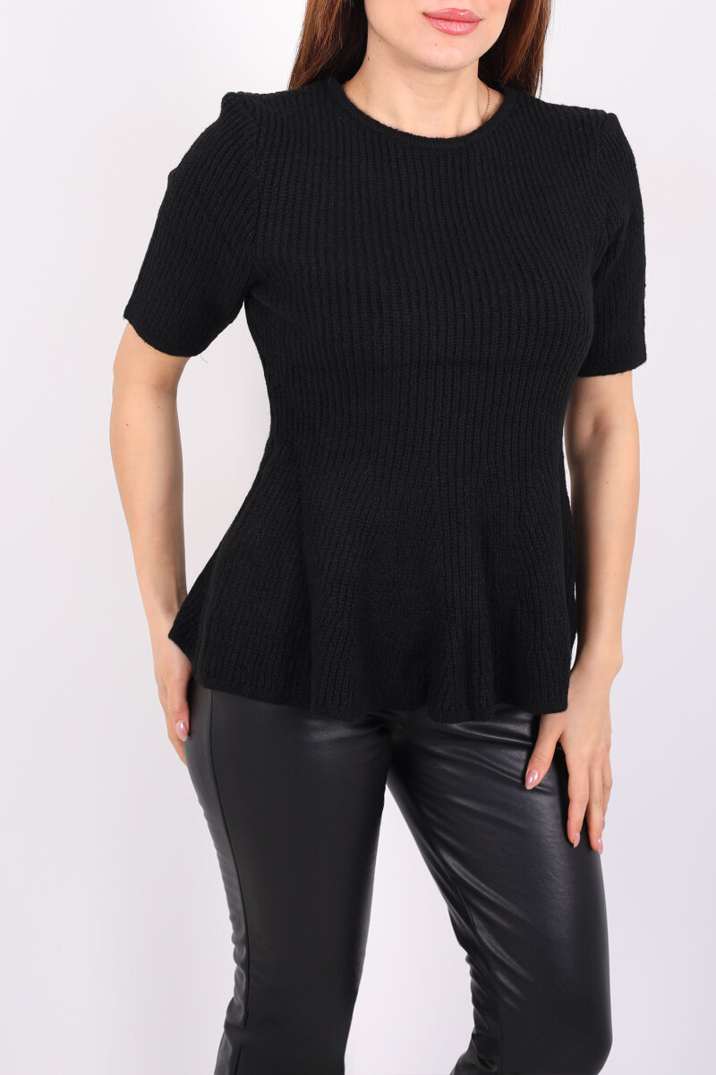 Eteği Volanlı Kısa Kol Kadın Siyah Triko Kazak - 2