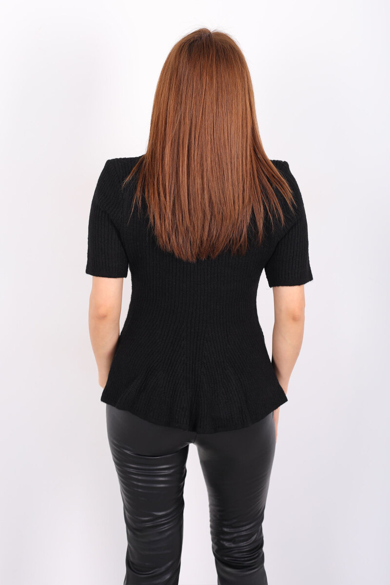 Eteği Volanlı Kısa Kol Kadın Siyah Triko Kazak - 5