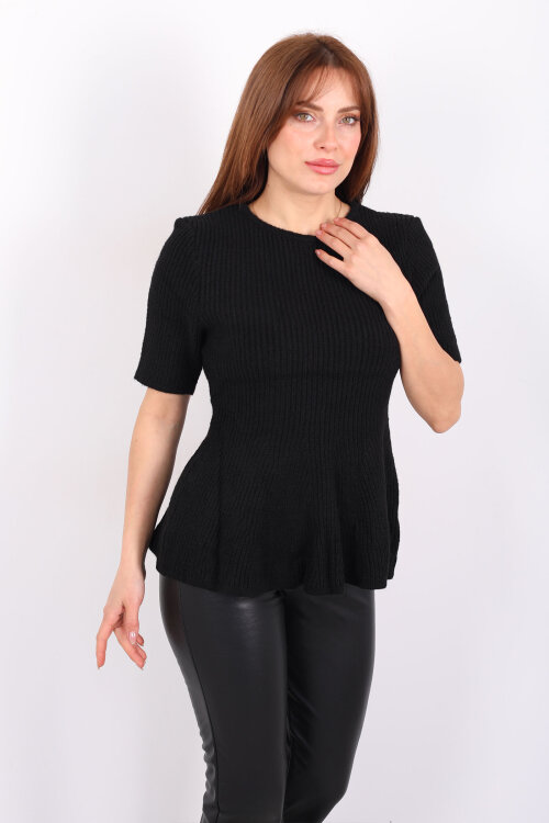 Eteği Volanlı Kısa Kol Kadın Siyah Triko Kazak 