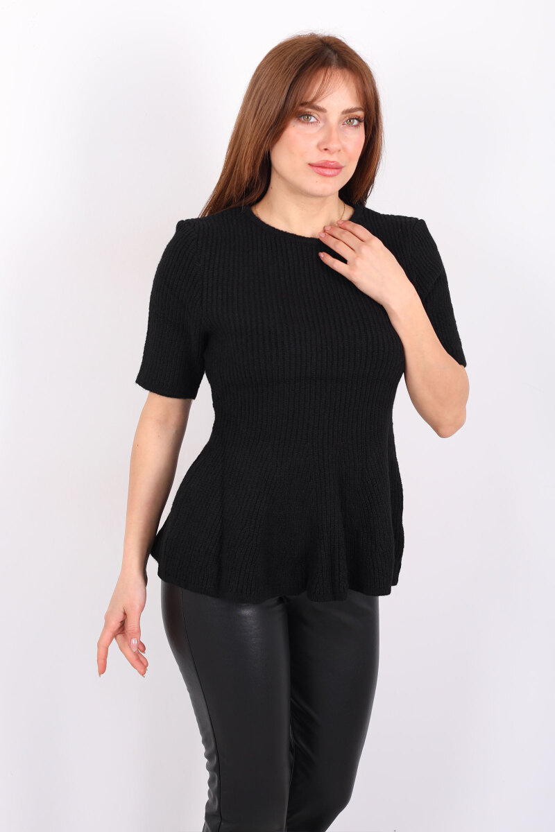 Eteği Volanlı Kısa Kol Kadın Siyah Triko Kazak - 1
