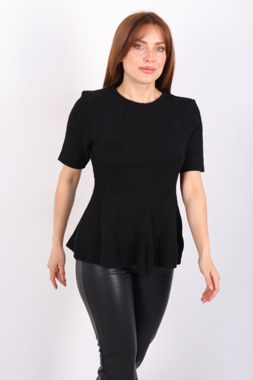 Eteği Volanlı Kısa Kol Kadın Siyah Triko Kazak - 6