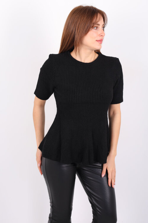 Eteği Volanlı Kısa Kol Kadın Siyah Triko Kazak - 4