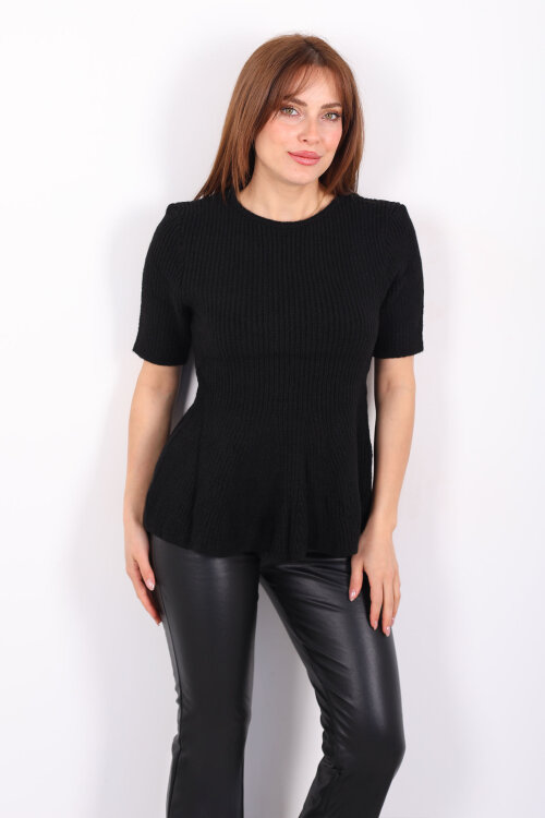 Eteği Volanlı Kısa Kol Kadın Siyah Triko Kazak - 3