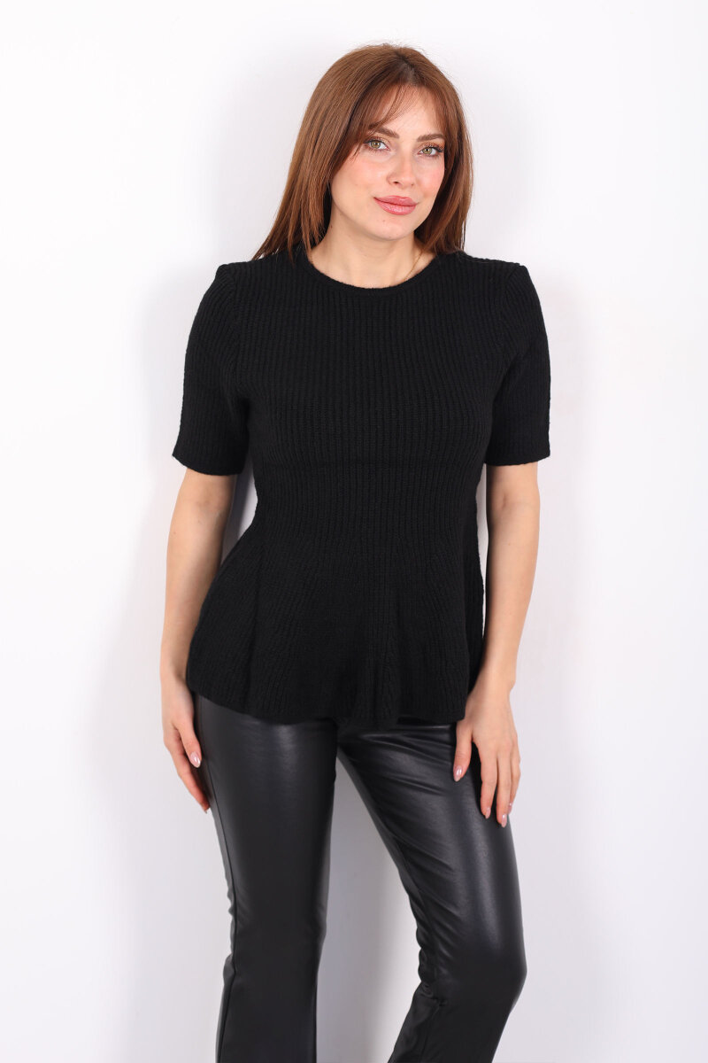 Eteği Volanlı Kısa Kol Kadın Siyah Triko Kazak - 3