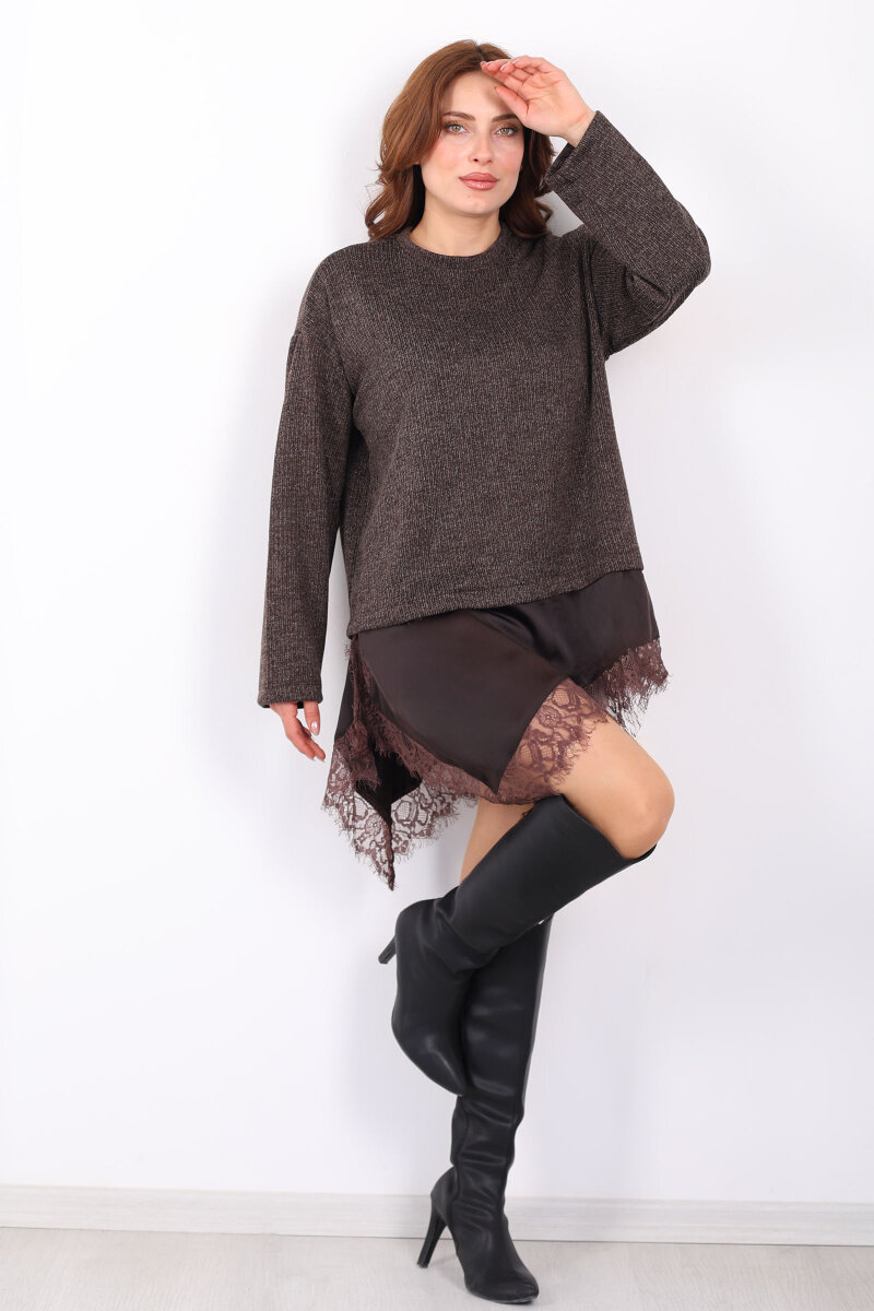 Etek Ucu Saten Dantelli Kadın Kahverengi Triko Kazak - 3