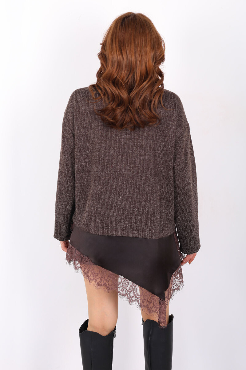 Etek Ucu Saten Dantelli Kadın Kahverengi Triko Kazak - 6