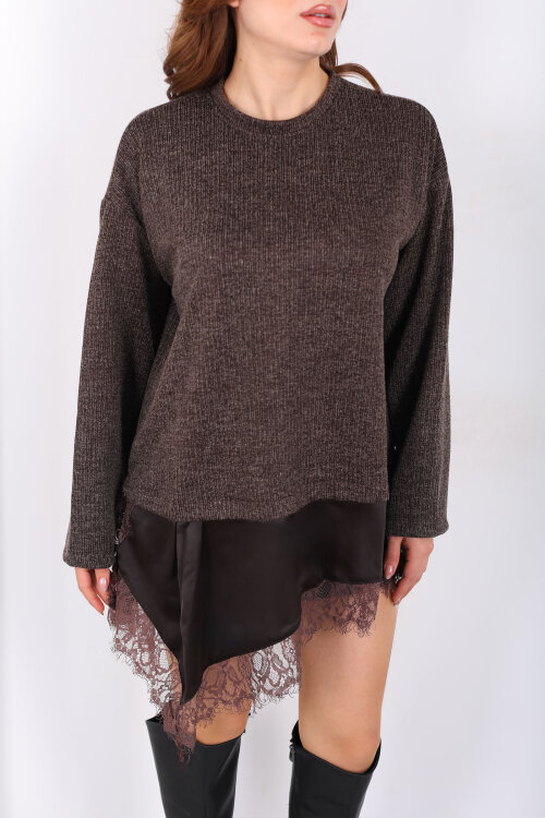 Etek Ucu Saten Dantelli Kadın Kahverengi Triko Kazak - Berox (1)