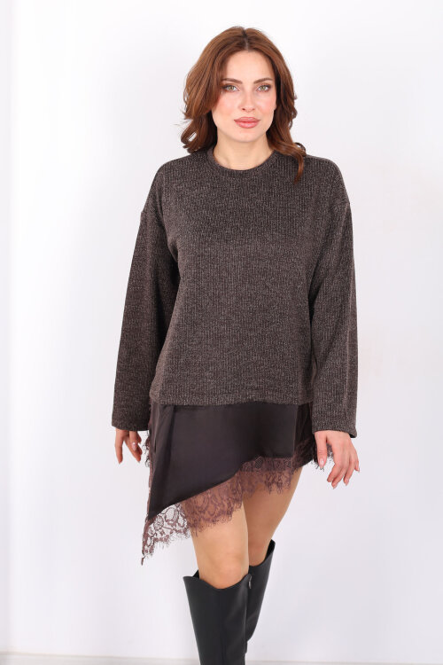 Etek Ucu Saten Dantelli Kadın Kahverengi Triko Kazak - 4