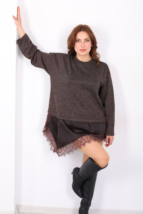 Etek Ucu Saten Dantelli Kadın Kahverengi Triko Kazak - Berox