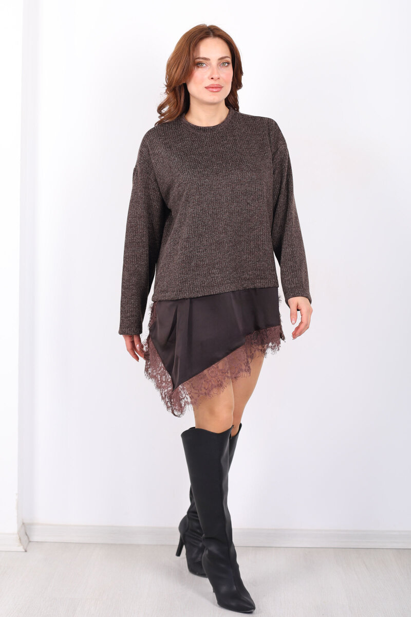 Etek Ucu Saten Dantelli Kadın Kahverengi Triko Kazak - 7