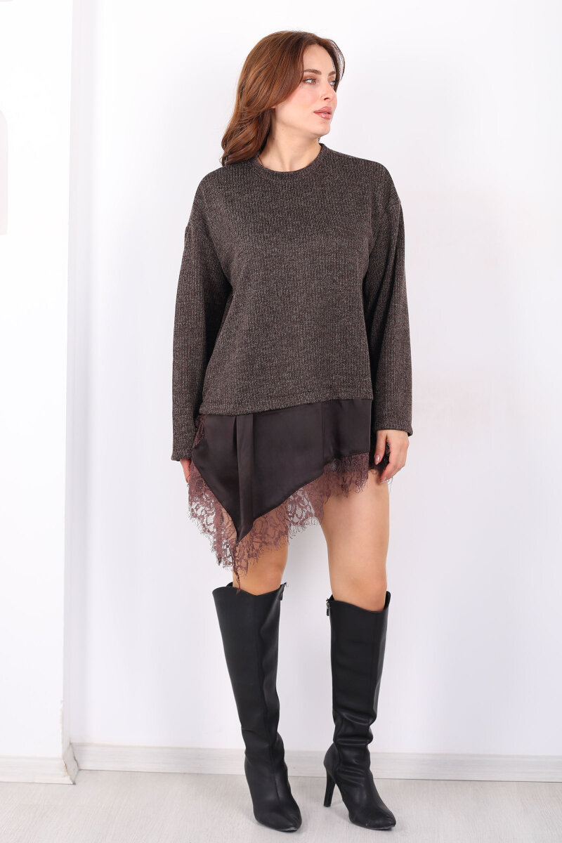 Etek Ucu Saten Dantelli Kadın Kahverengi Triko Kazak - 5