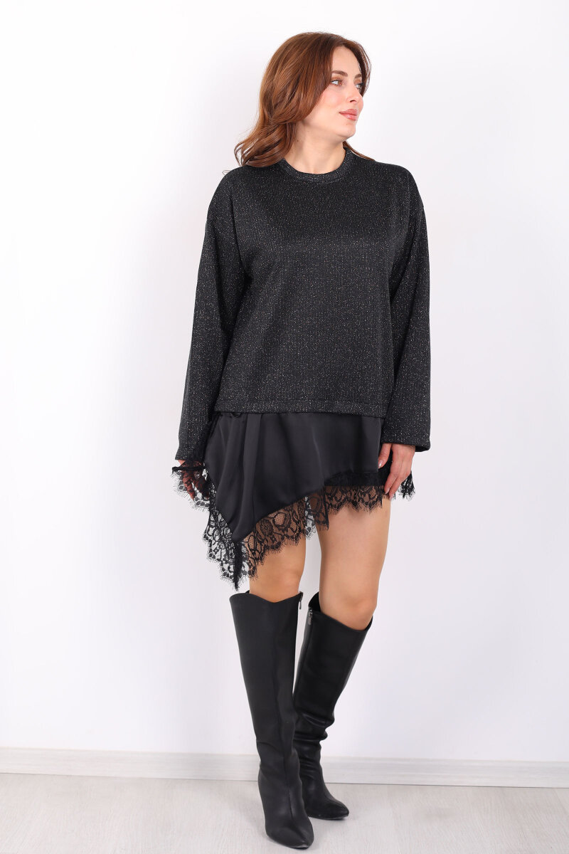 Etek Ucu Saten Dantelli Kadın Siyah Triko Kazak - 7