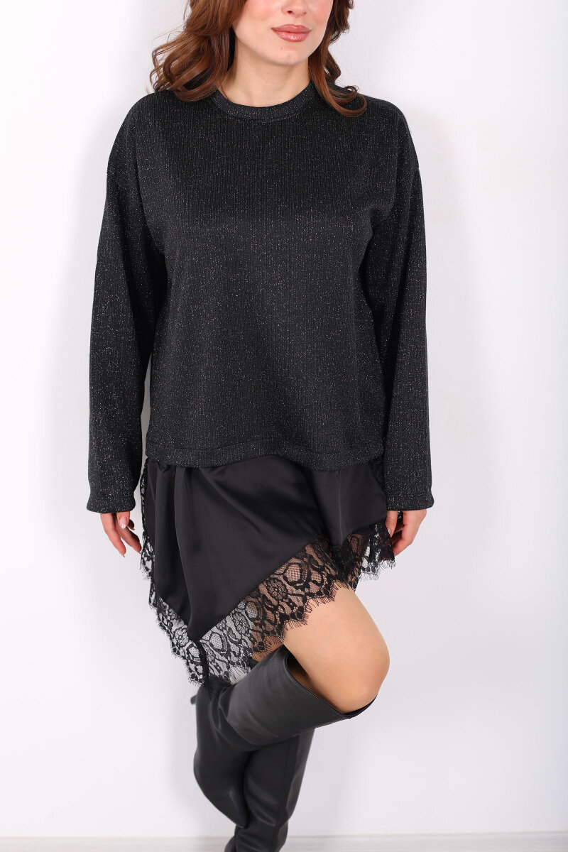 Etek Ucu Saten Dantelli Kadın Siyah Triko Kazak - 2