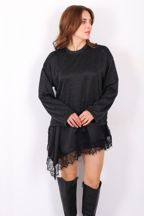 Etek Ucu Saten Dantelli Kadın Siyah Triko Kazak - 3