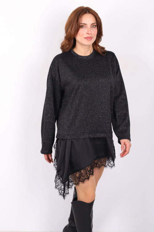 Etek Ucu Saten Dantelli Kadın Siyah Triko Kazak - 6