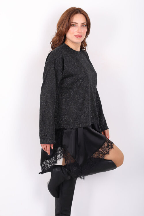 Etek Ucu Saten Dantelli Kadın Siyah Triko Kazak - 4