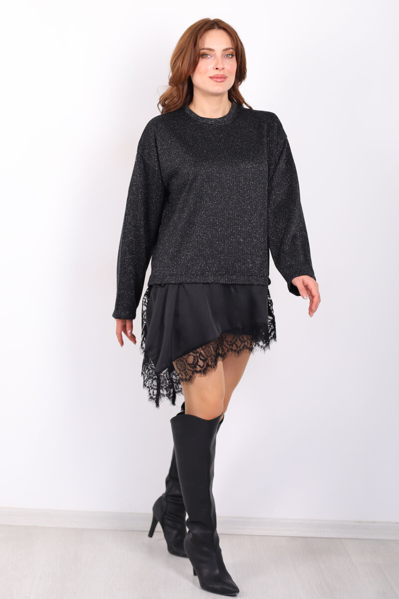 Etek Ucu Saten Dantelli Kadın Siyah Triko Kazak - 1