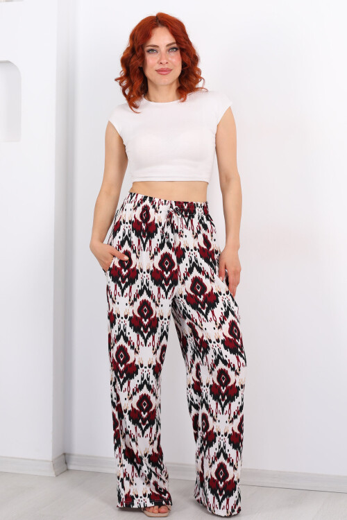 Etnik Desen Bürümcük Bordo Kadın Pantolon - 4