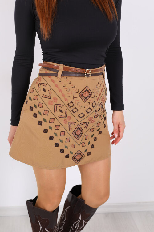 Etnik Desen İşlemeli Çift Kemerli Taba Kadın Etek - Berox (1)