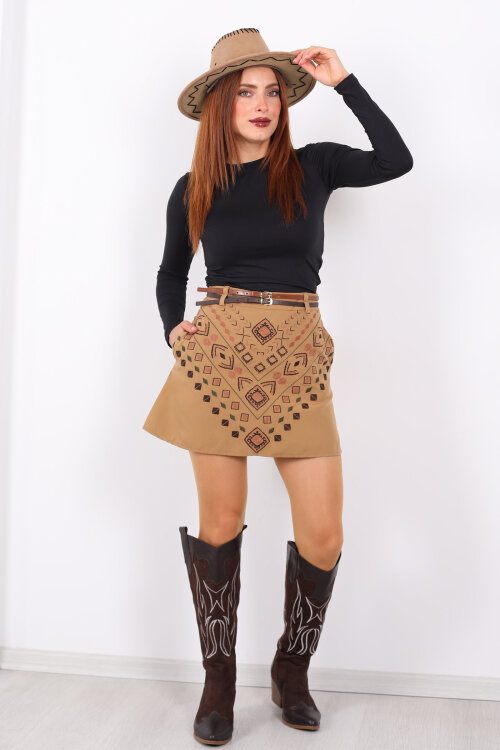 Etnik Desen İşlemeli Çift Kemerli Taba Kadın Etek - 4