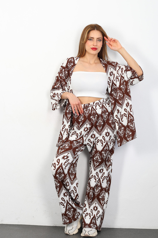 Etnik Desen Kadın Kahverengi Kimono Takım - 3