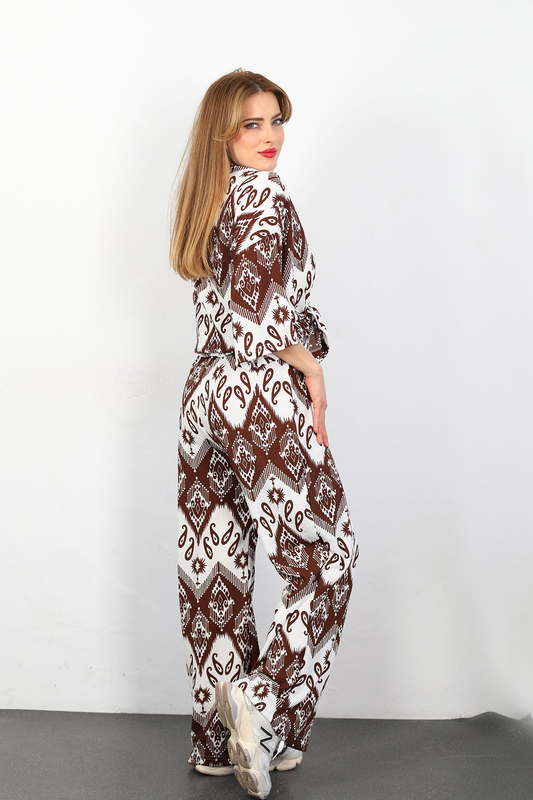 Etnik Desen Kadın Kahverengi Kimono Takım - 4