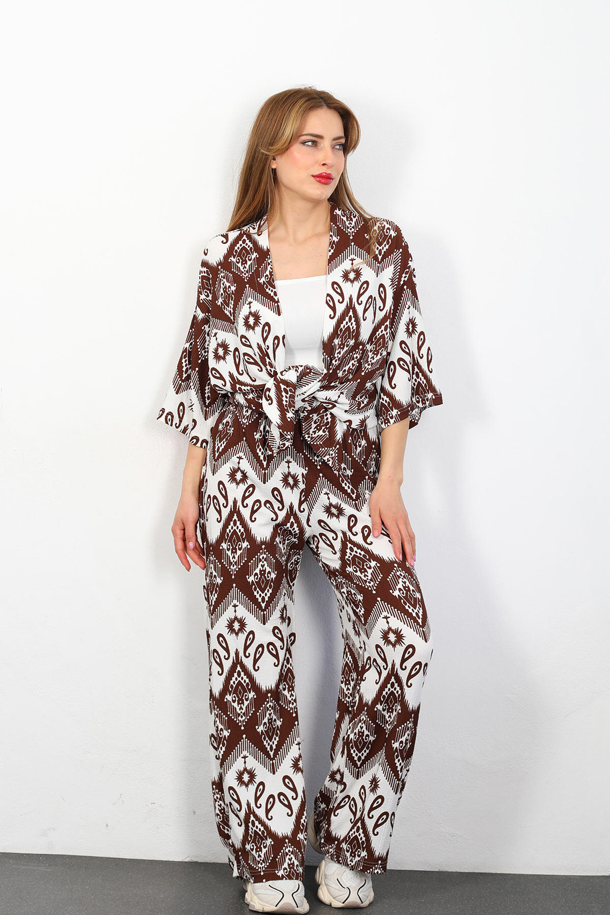 Etnik Desen Kadın Kahverengi Kimono Takım