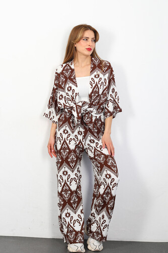 Etnik Desen Kadın Kahverengi Kimono Takım 