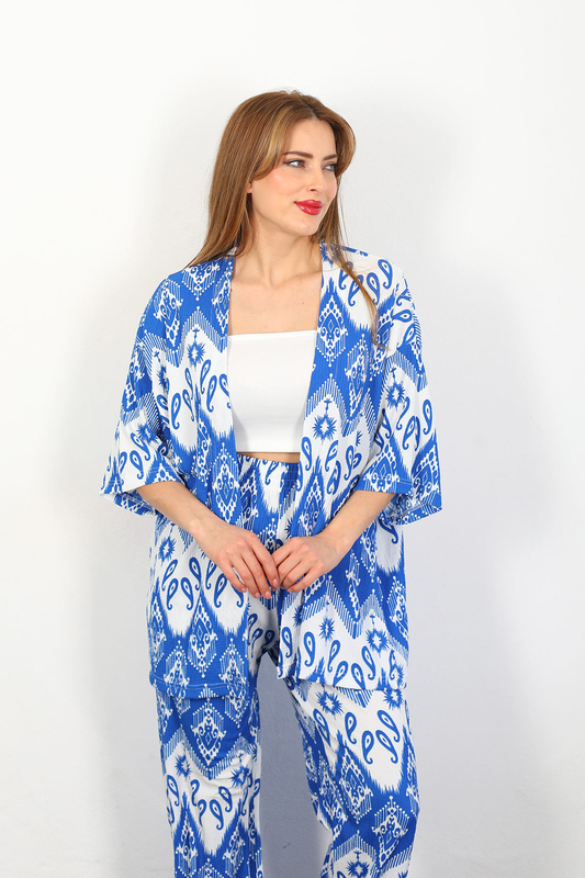 Etnik Desen Kadın Saks Mavisi Kimono Takım - 2