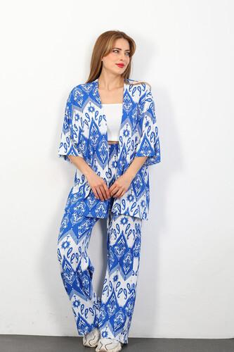 Etnik Desen Kadın Saks Mavisi Kimono Takım - 3