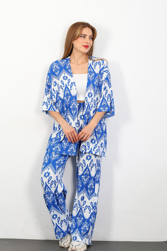 Etnik Desen Kadın Saks Mavisi Kimono Takım - 3