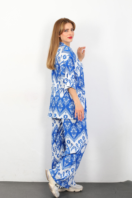 Etnik Desen Kadın Saks Mavisi Kimono Takım - 4