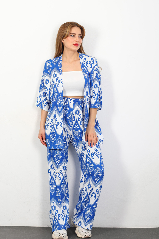 Etnik Desen Kadın Saks Mavisi Kimono Takım - 1